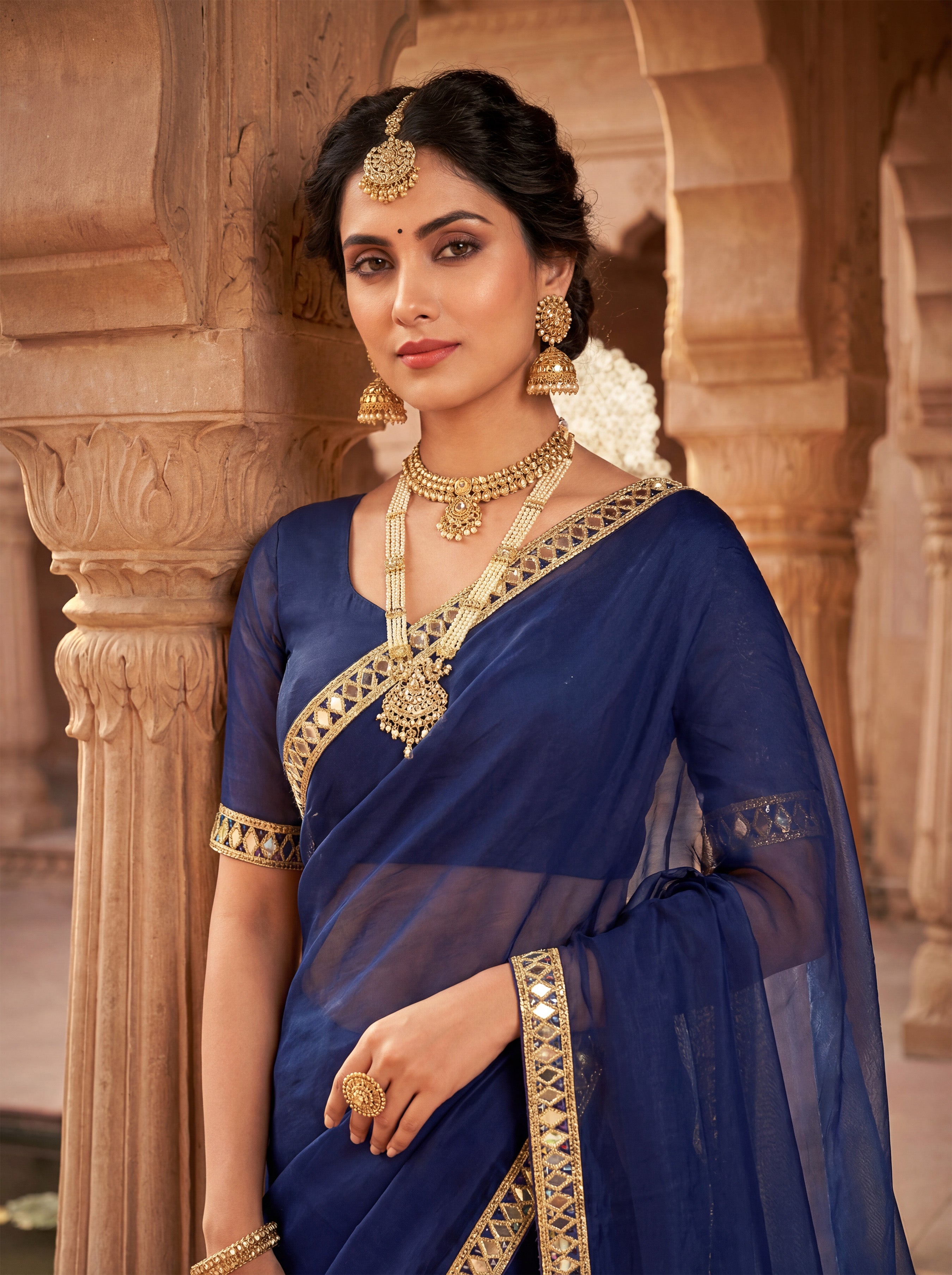 Royal Blue Tissue Geometric Mirror Work Saree