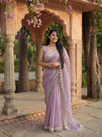 Lavender Organza Mirror Work Saree
