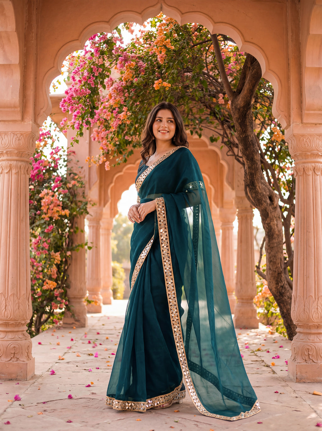 Teal Tissue Geometric Mirror Work Saree