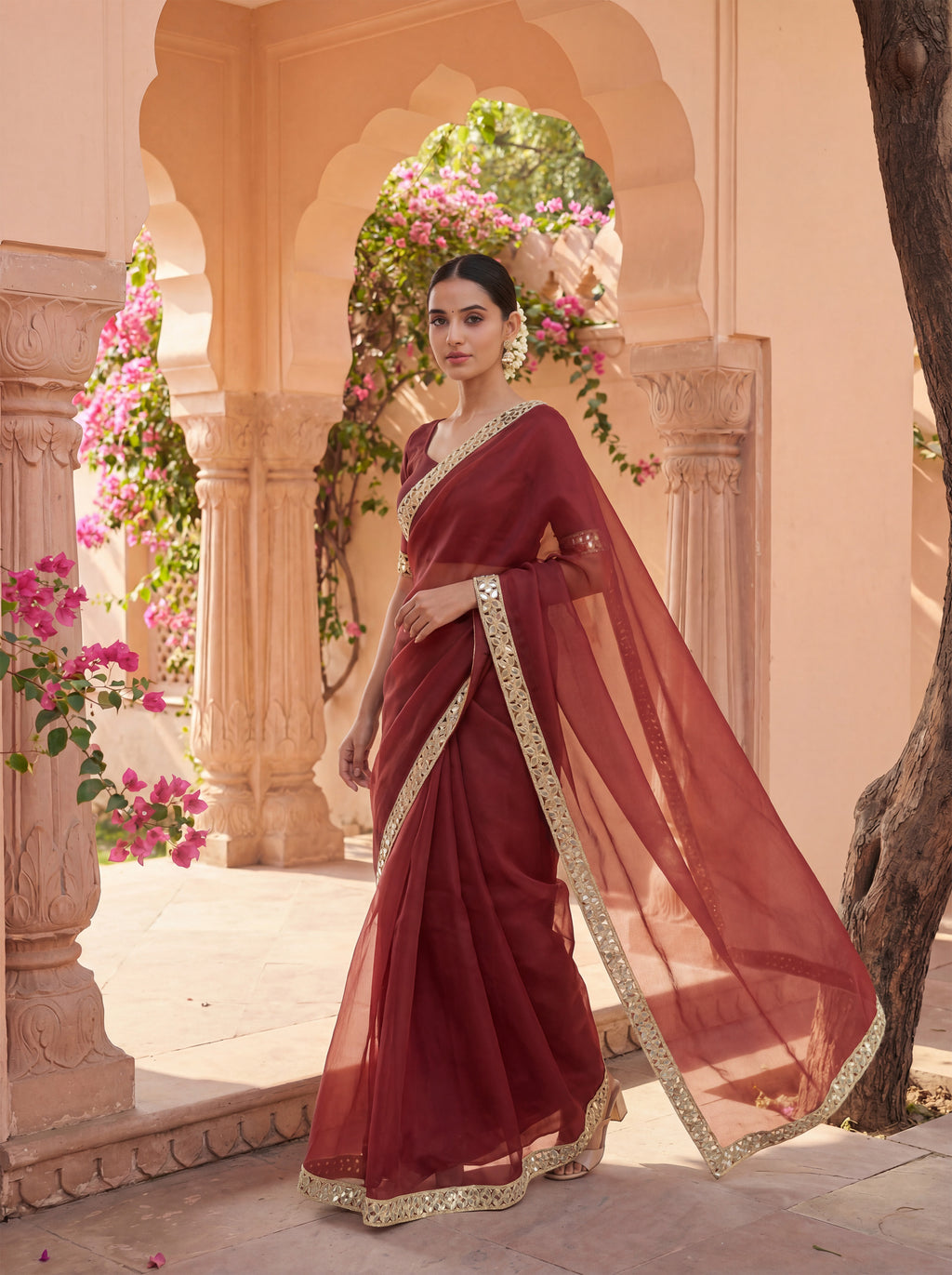 Maroon Tissue Geometric Mirror Work Saree