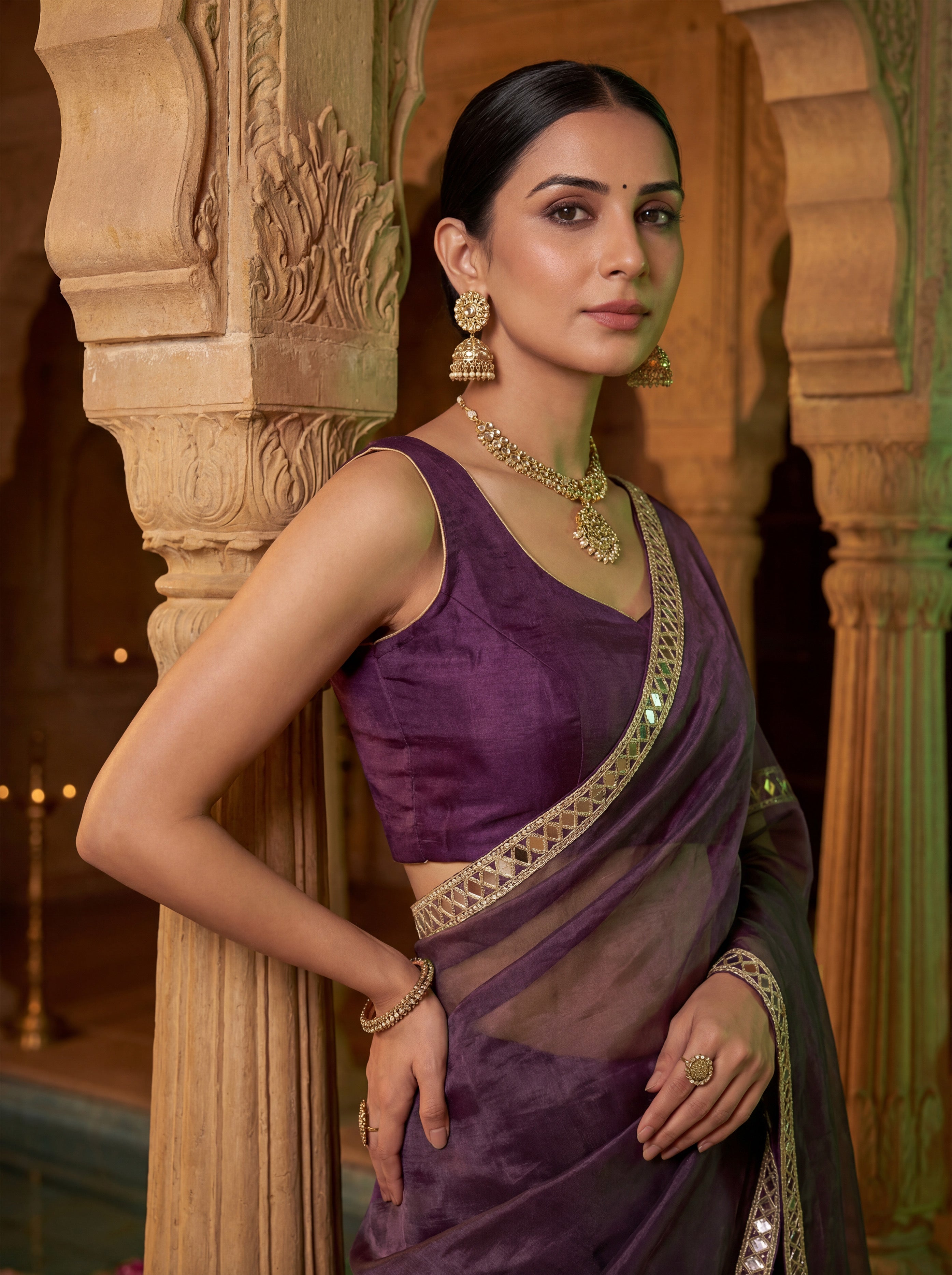 Magenta Tissue Geometric Mirror Work Saree