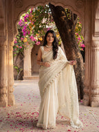 Beige Organza Mirror Work Saree