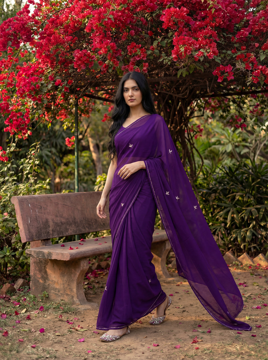 Purple Georgette Floral Stone & Beads Work Saree