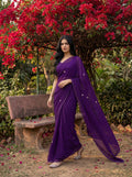 Purple Georgette Floral Stone & Beads Work Saree