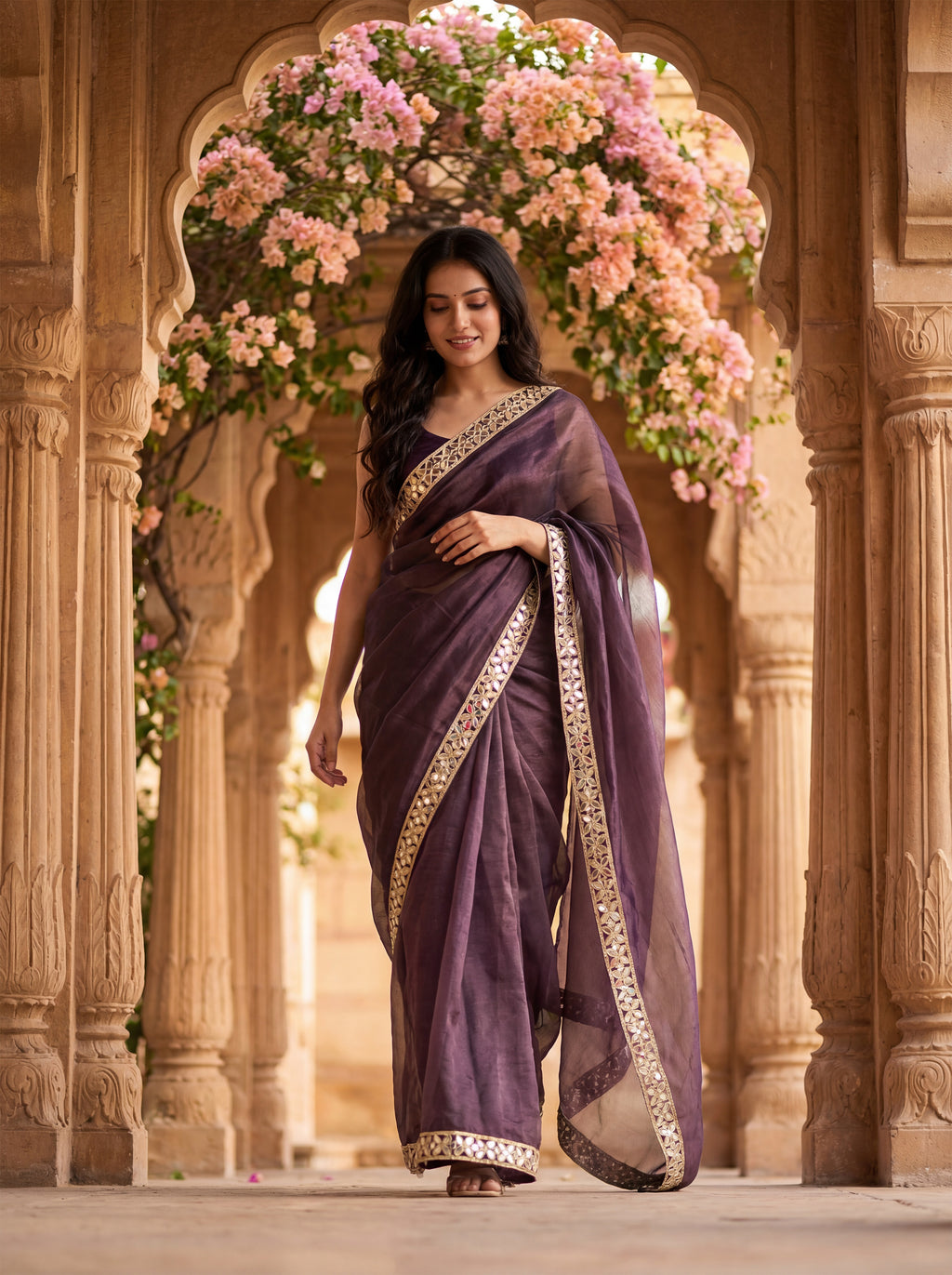 Magenta Tissue Geometric Mirror Work Saree