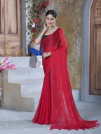 Red Pure Chiffon Mirror Work Saree