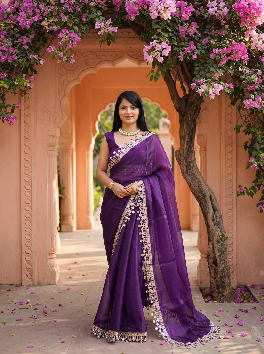Purple Organza Mirror Work Saree