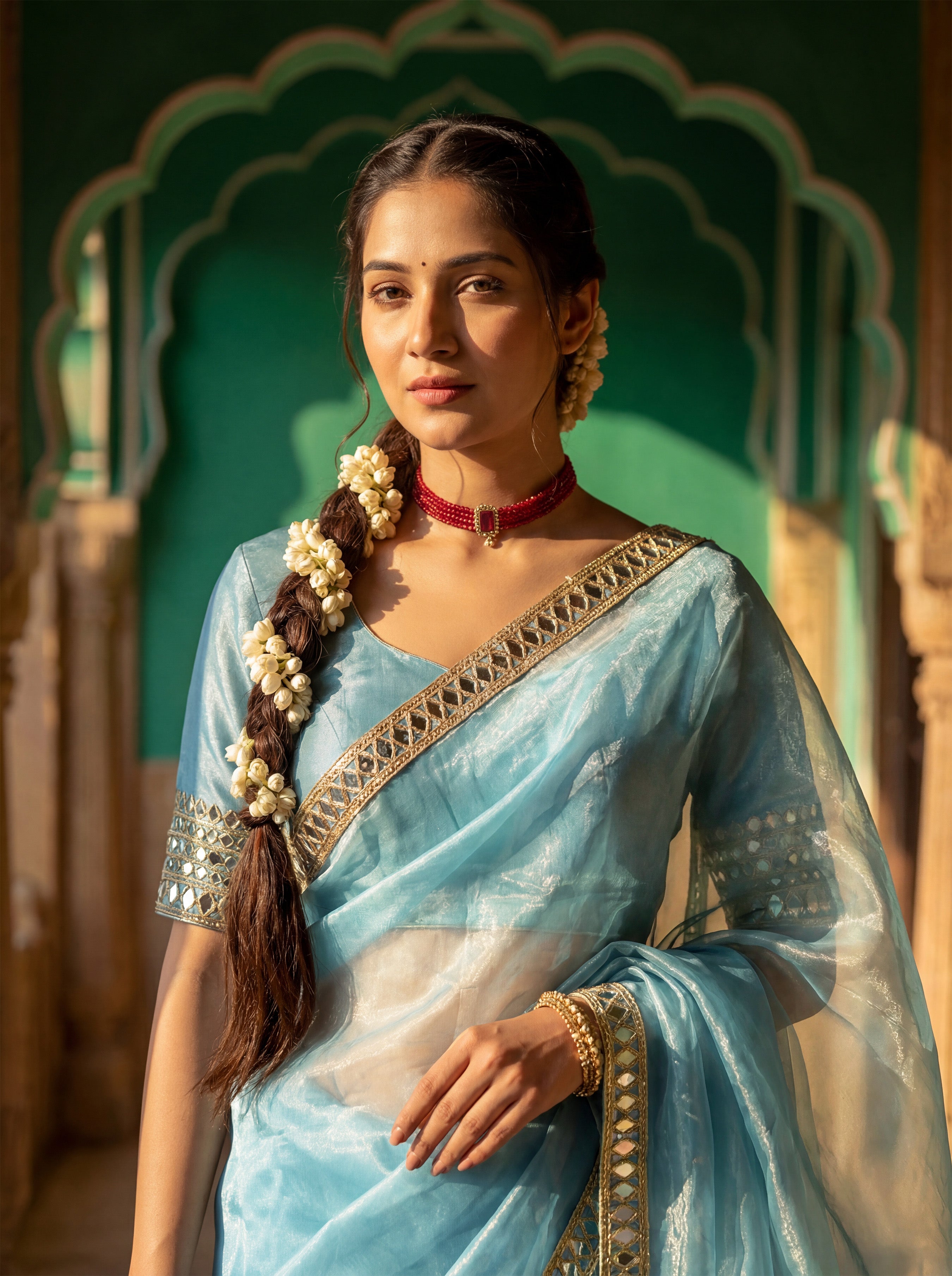 Blue Tissue Geometric Mirror Work Saree