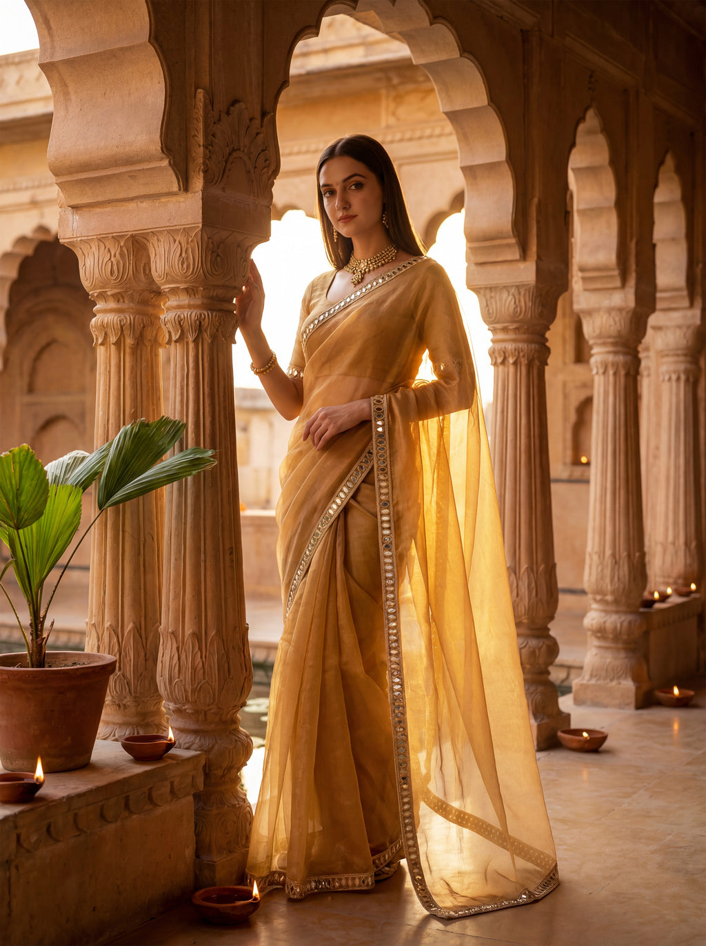 Mustard Tissue Geometric Mirror Work Saree