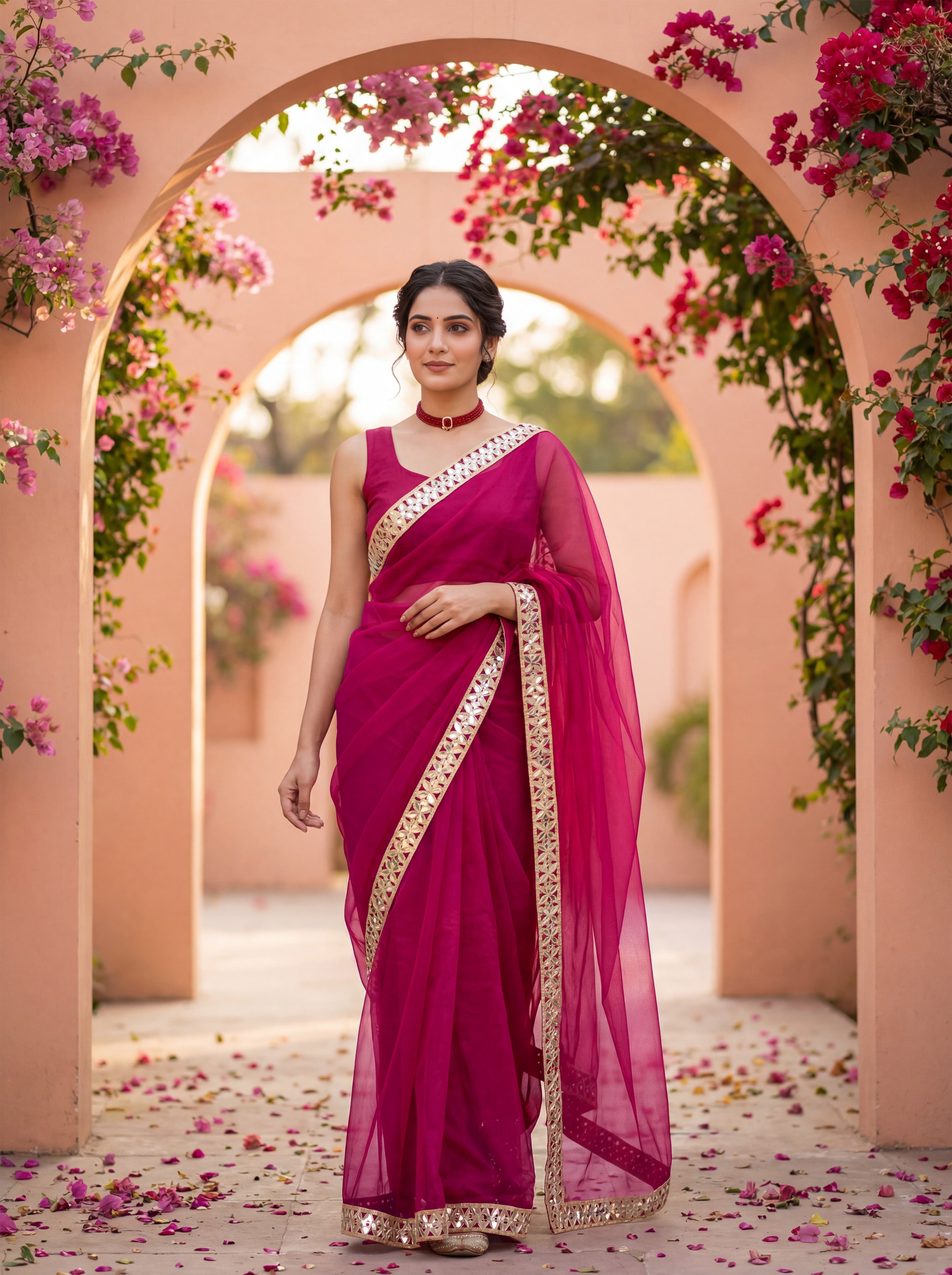 Pink Tissue Geometric Mirror Work Saree