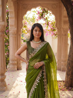 Green Organza Mirror Work Saree