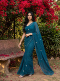 Teal Georgette Floral Stone & Beads Work Saree