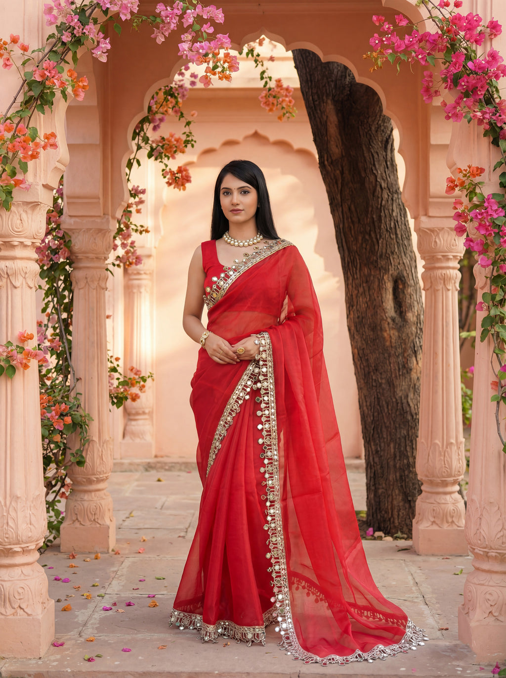 Red Organza Mirror Work Saree