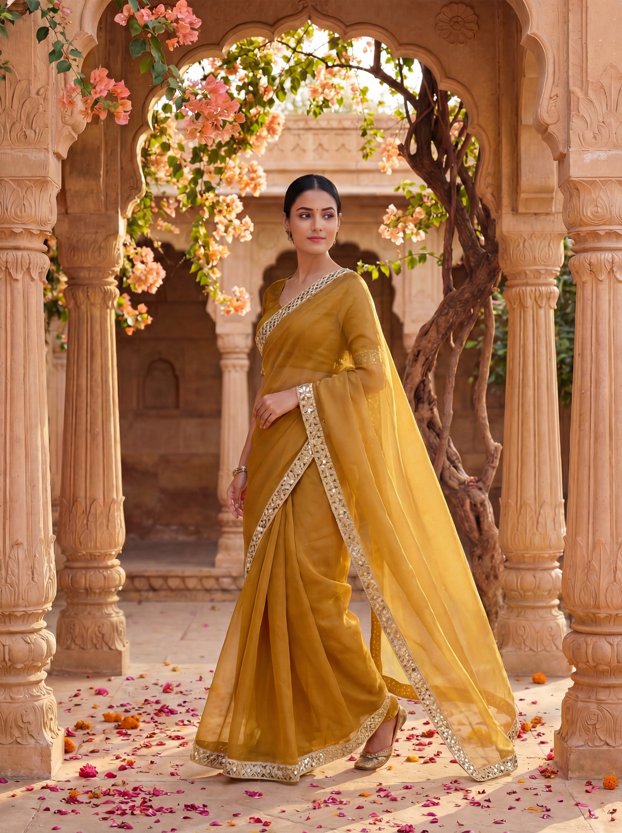 Rust Tissue Geometric Mirror Work Saree