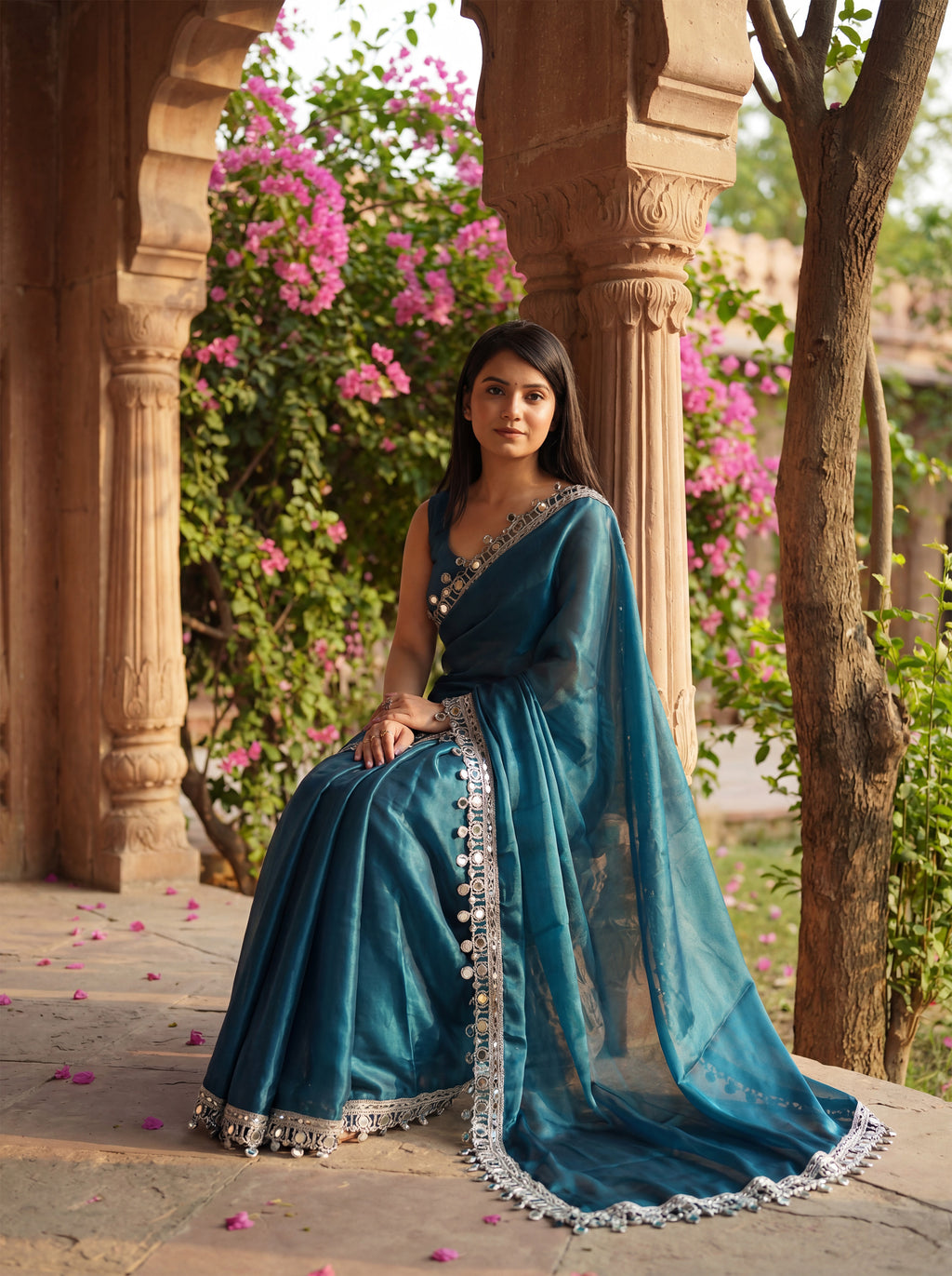 Teal Organza Mirror Work Saree