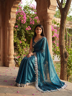 Teal Organza Mirror Work Saree