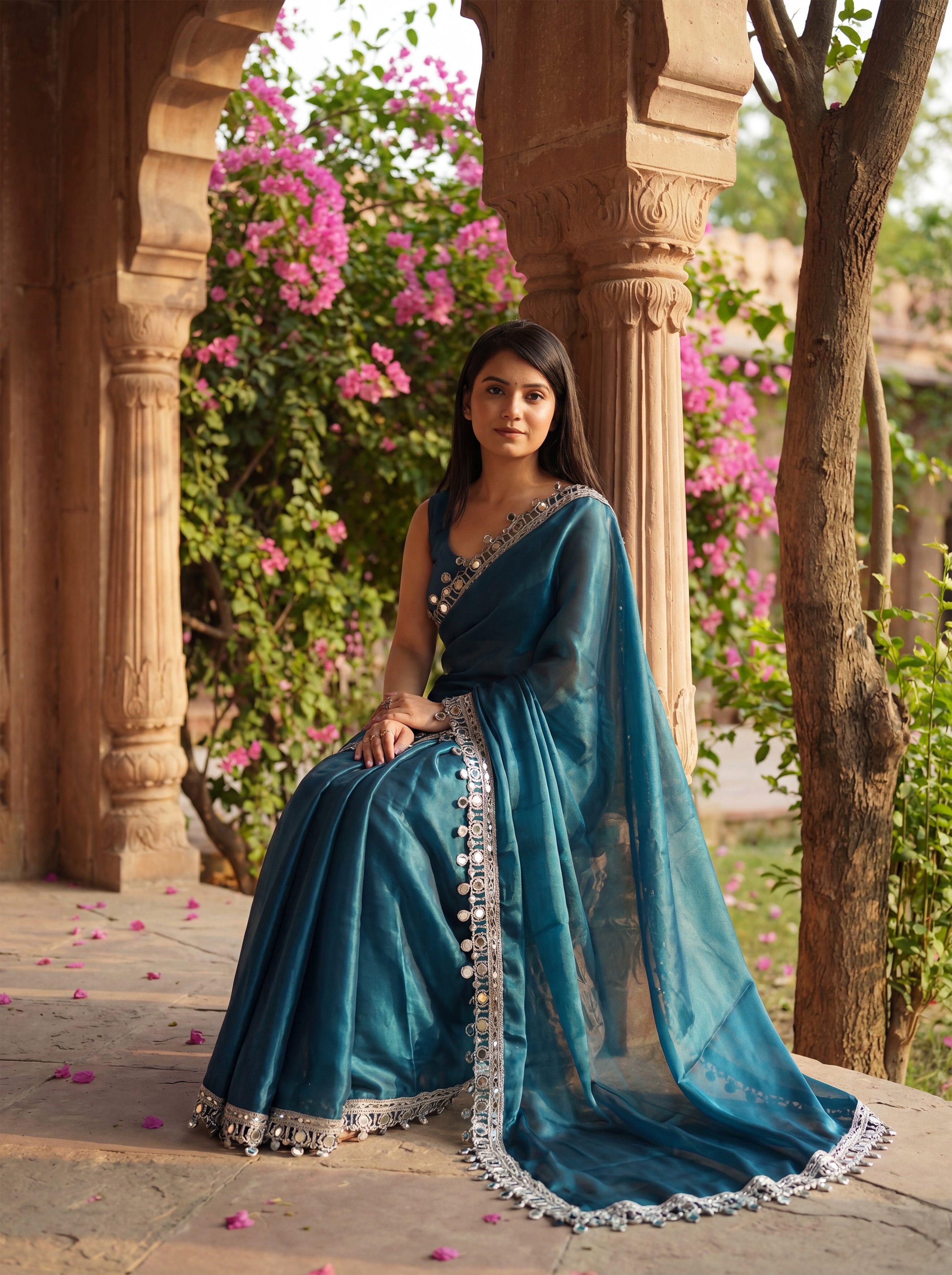 Teal Organza Mirror Work Saree