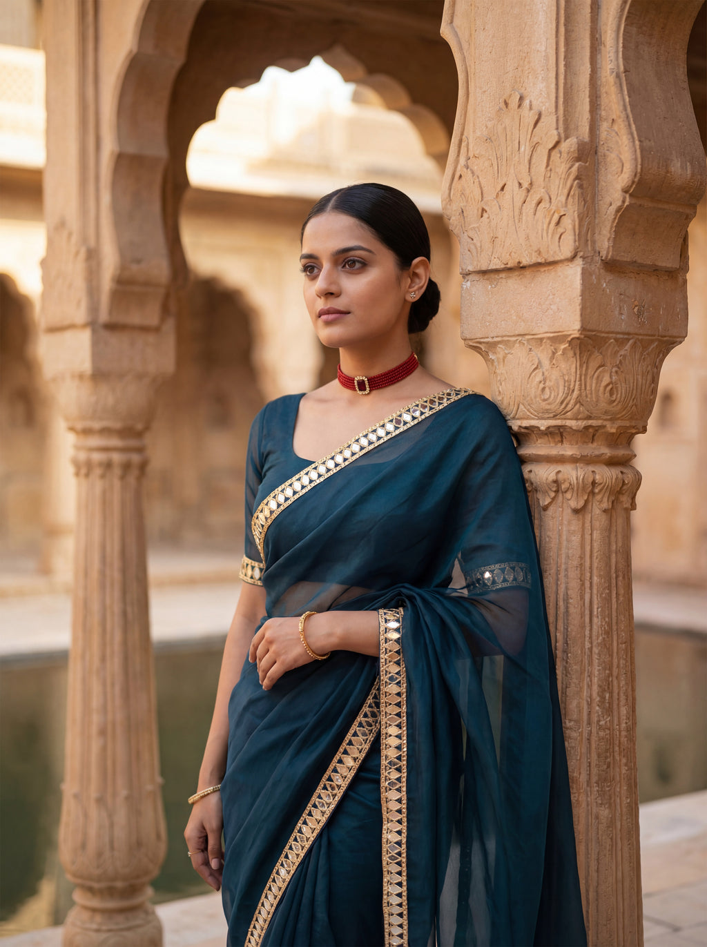 Blue Tissue Geometric Mirror Work Saree
