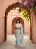 Blue Organza Mirror Work Saree
