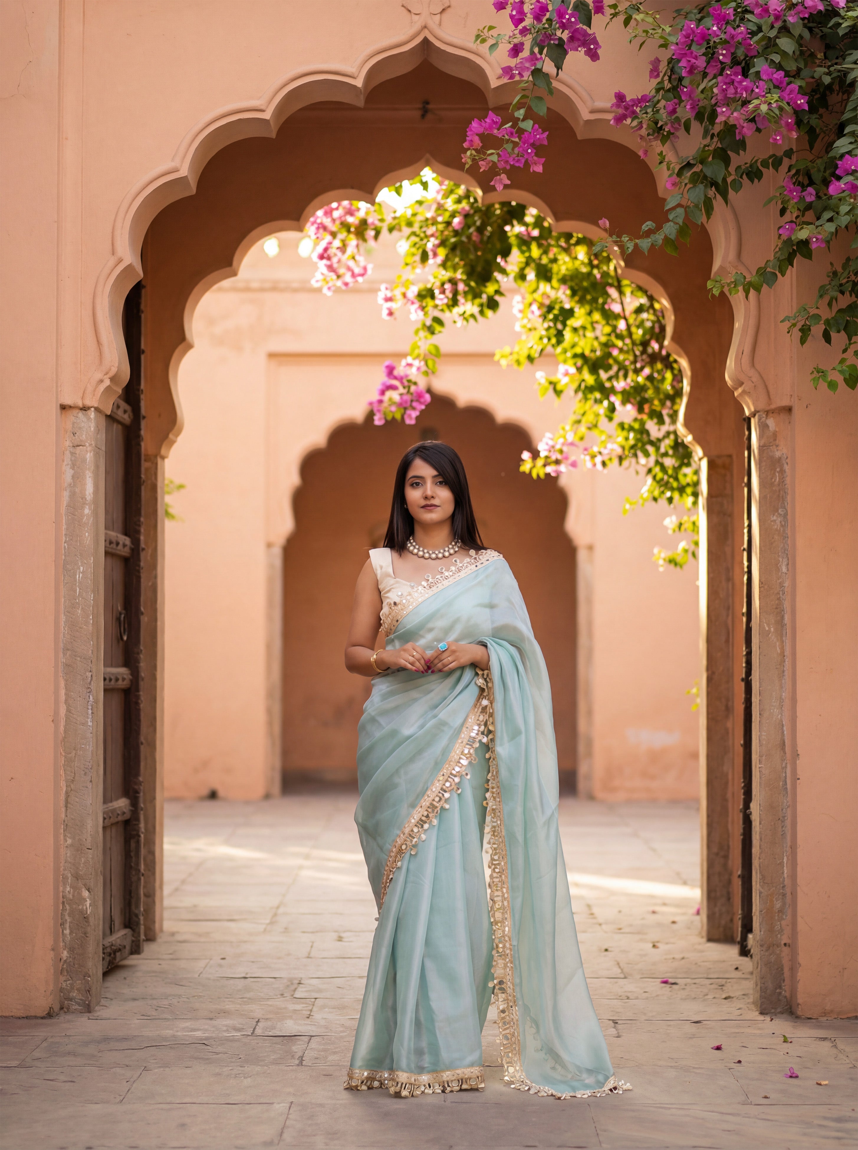 Blue Organza Mirror Work Saree