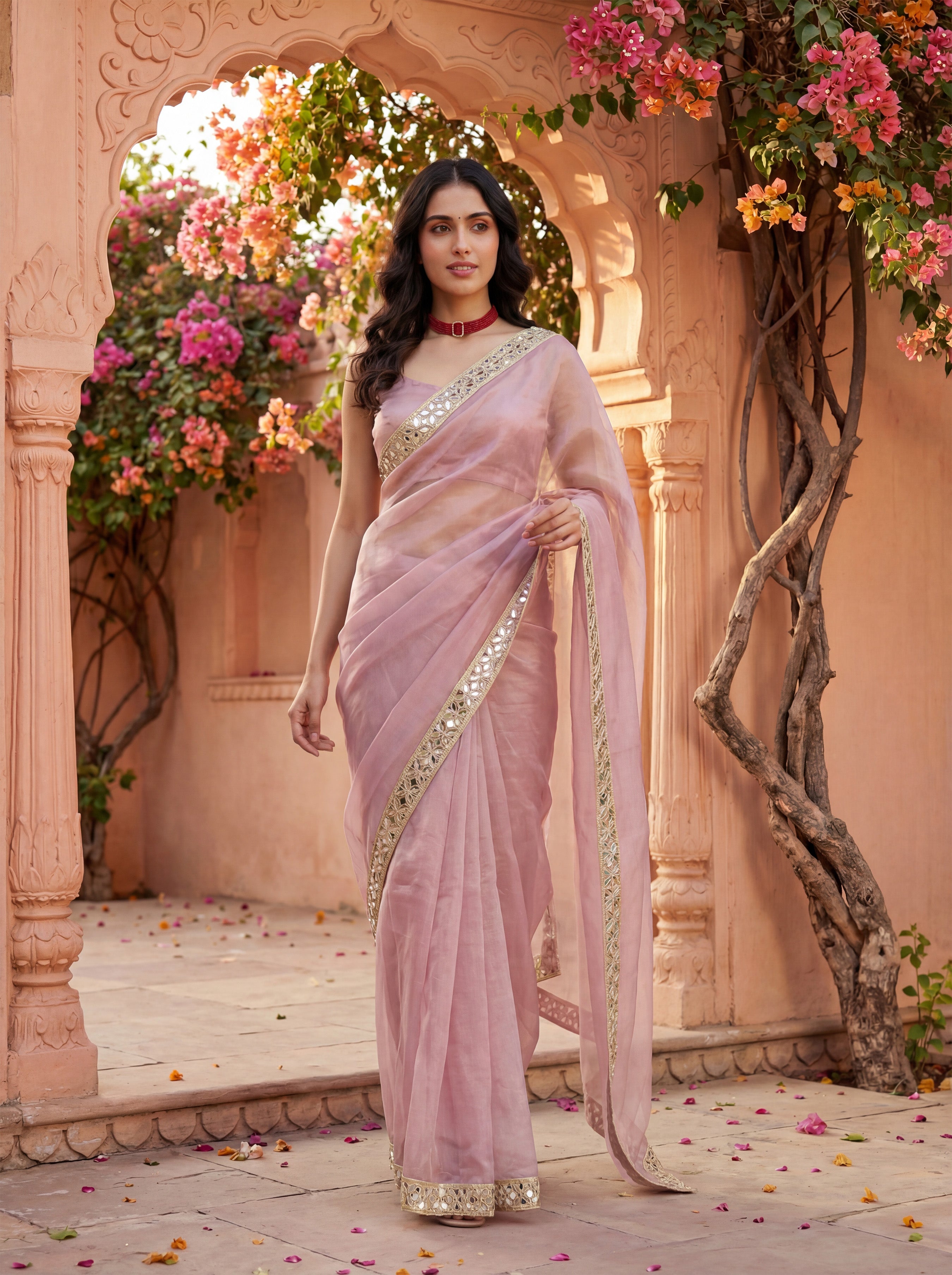 Lavender Tissue Geometric Mirror Work Saree