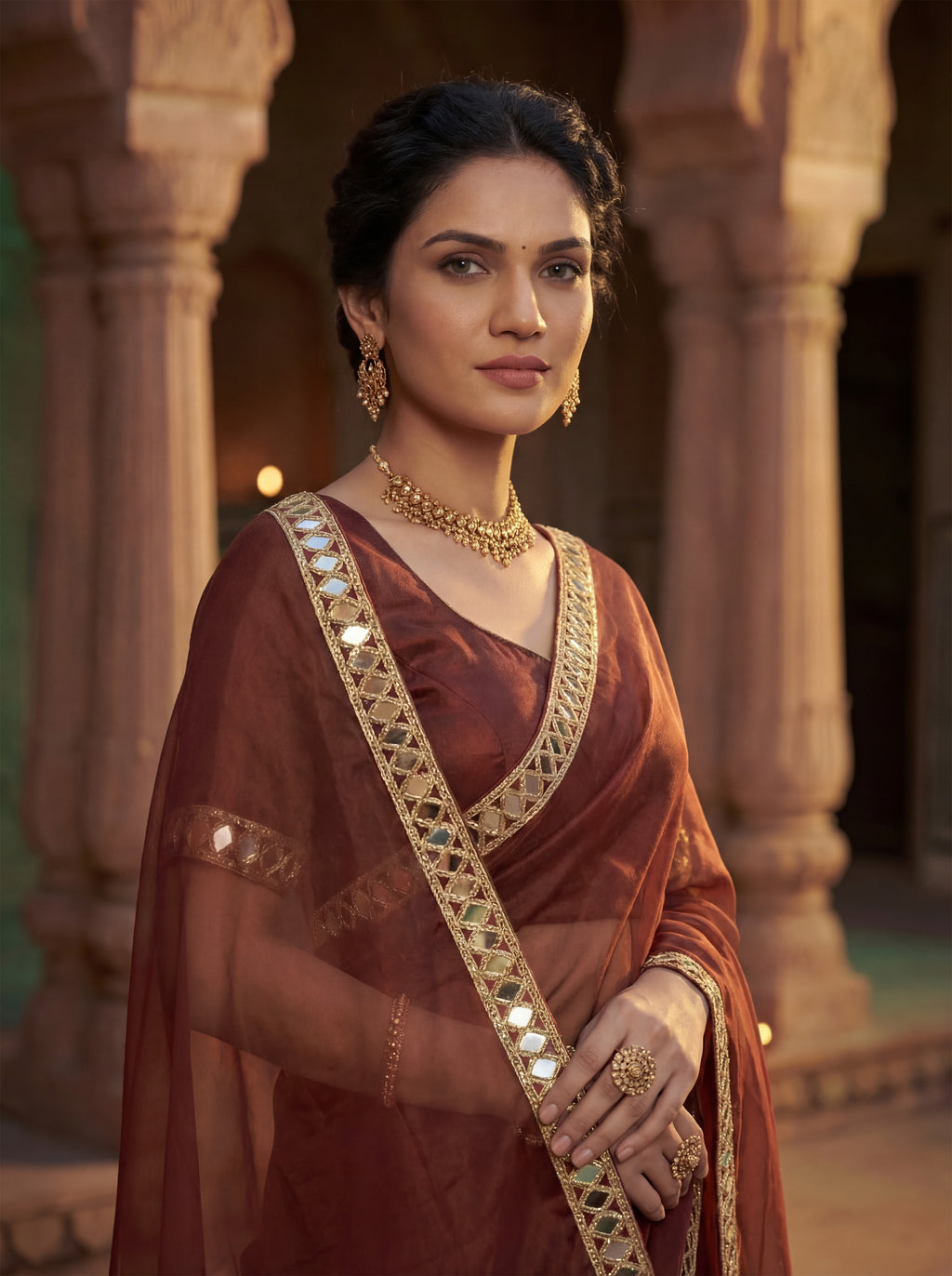 Maroon Tissue Geometric Mirror Work Saree