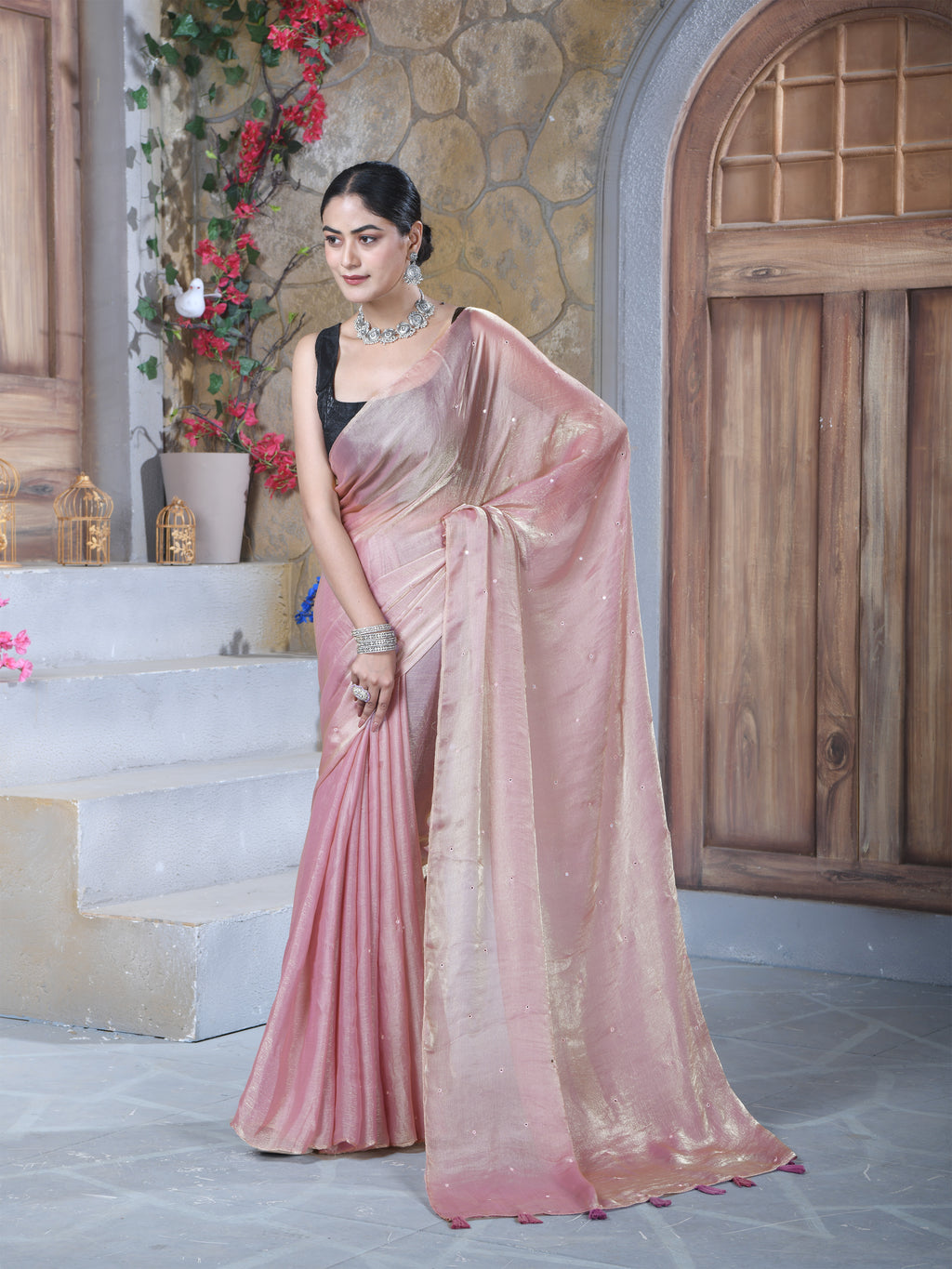 Pink Pure Chiffon Mirror Work Saree