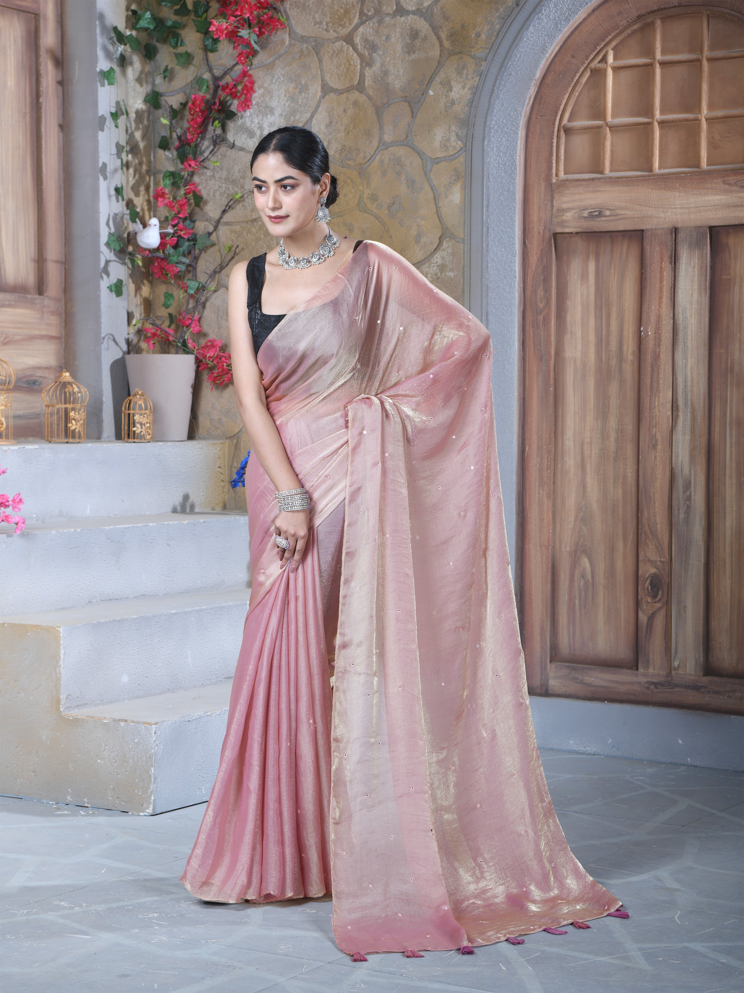 Pink Pure Chiffon Mirror Work Saree