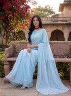 Blue Georgette Floral Stone & Beads Work Saree