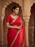 Red Tissue Geometric Mirror Work Saree