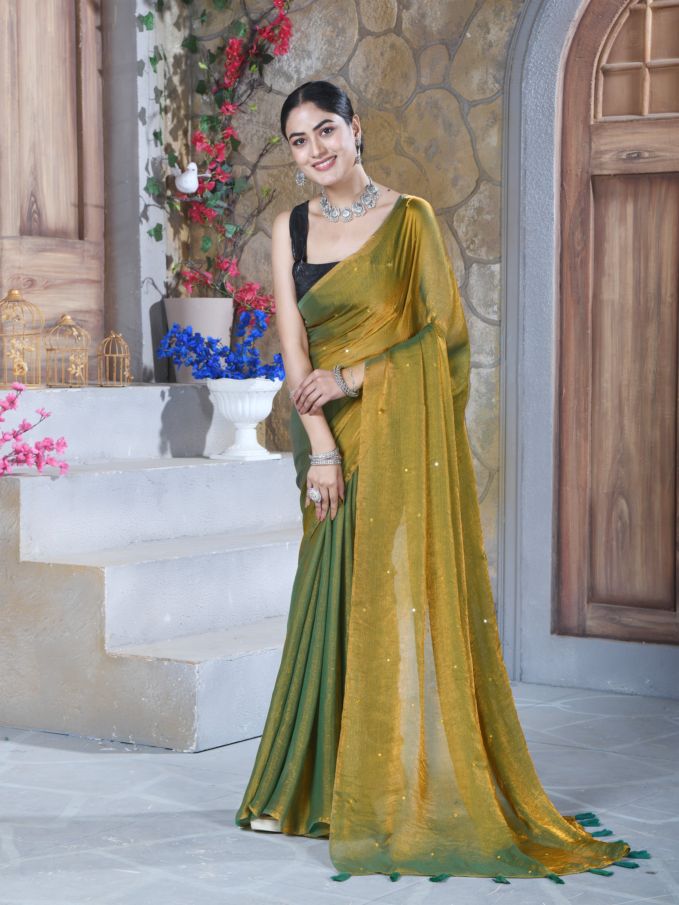 Gold Pure Chiffon Mirror Work Saree