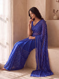 Blue Poly Georgette Striped Sequence Work Saree