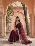Maroon Organza Mirror Work Saree