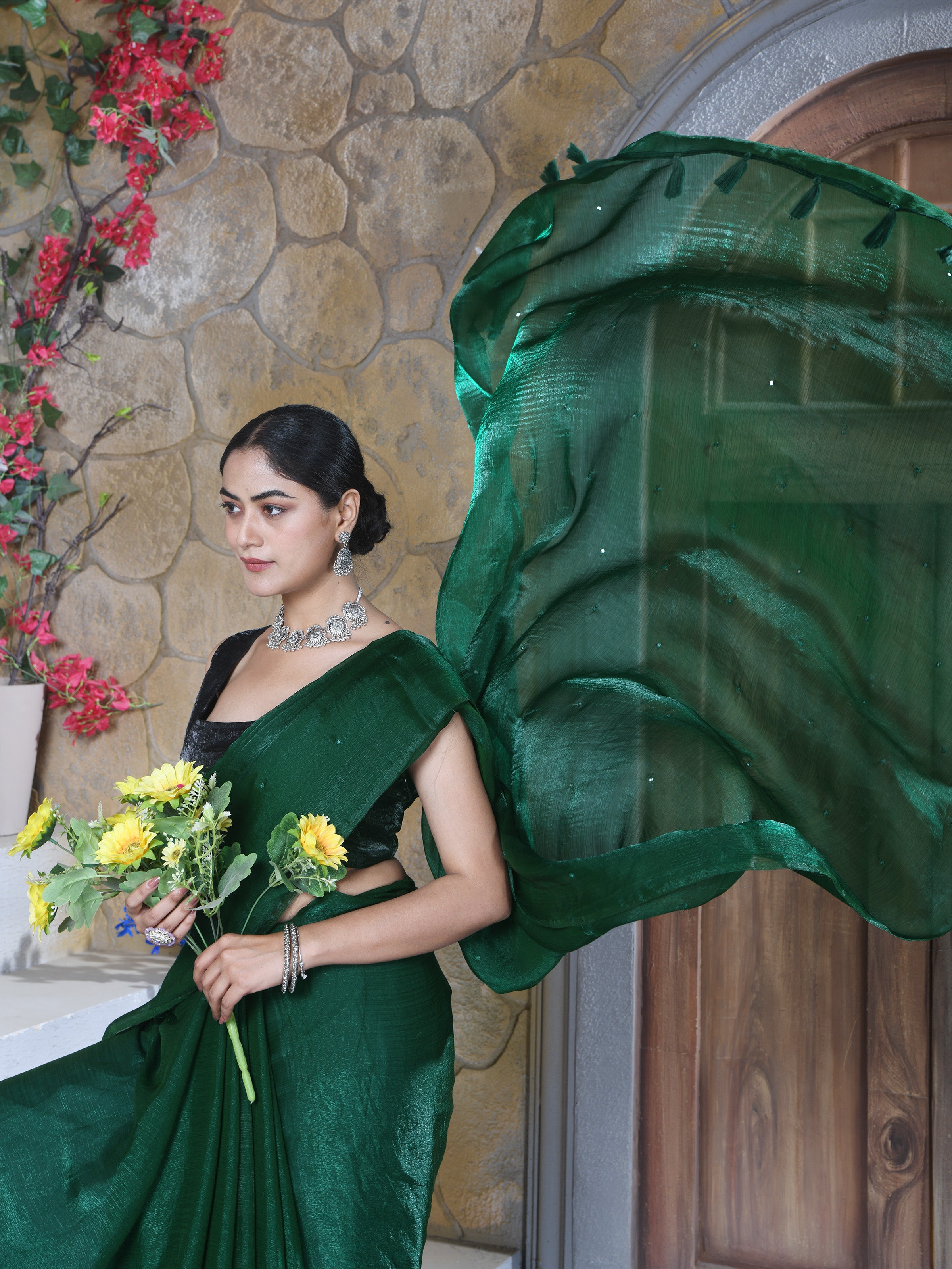 Green Pure Chiffon Mirror Work Saree