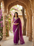 Burgundy Organza Mirror Work Saree