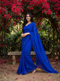 Blue Georgette Floral Stone & Beads Work Saree