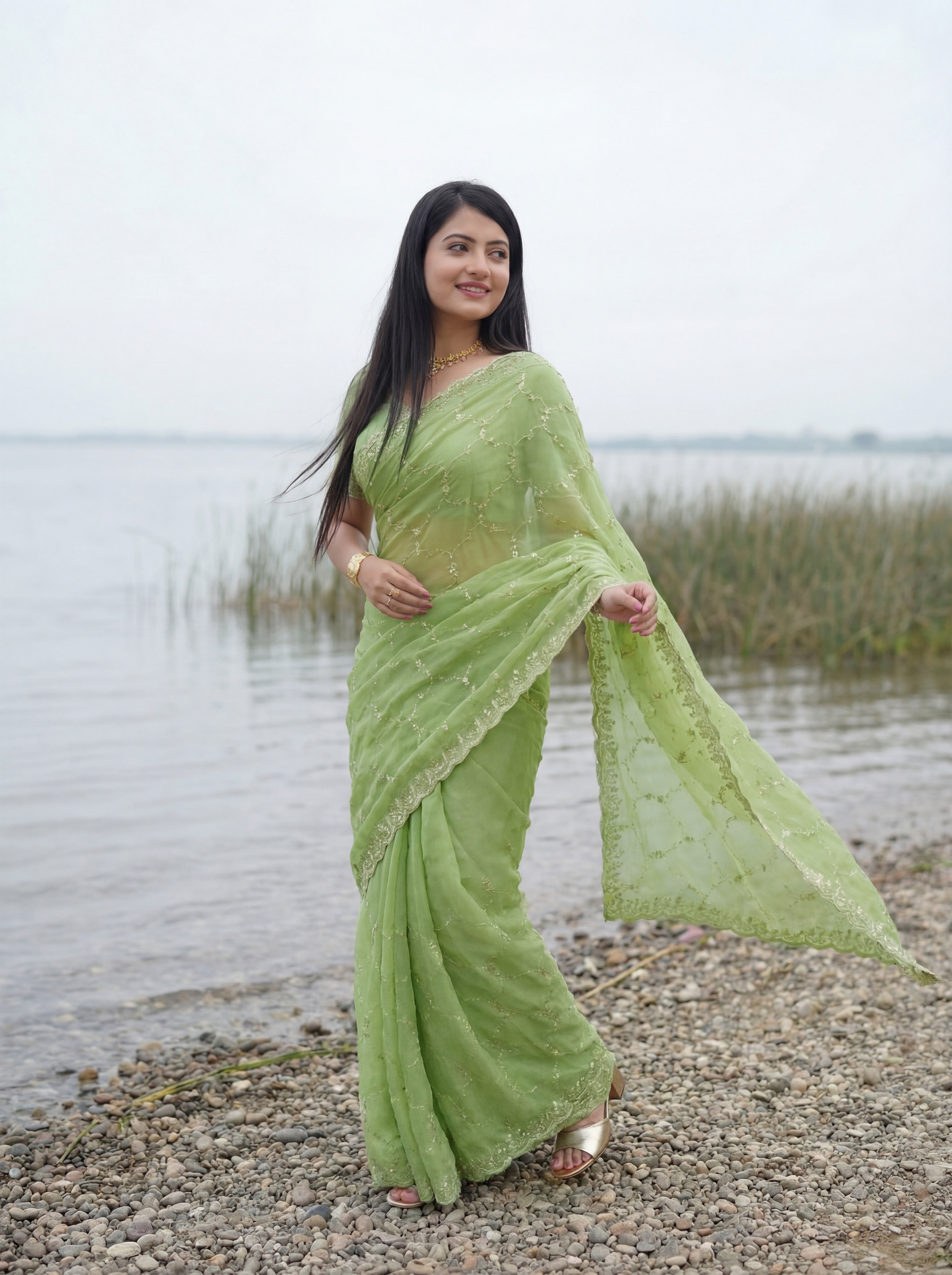 Green Tissue Geometric Sequence Work Saree