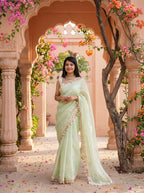 Green Organza Mirror Work Saree
