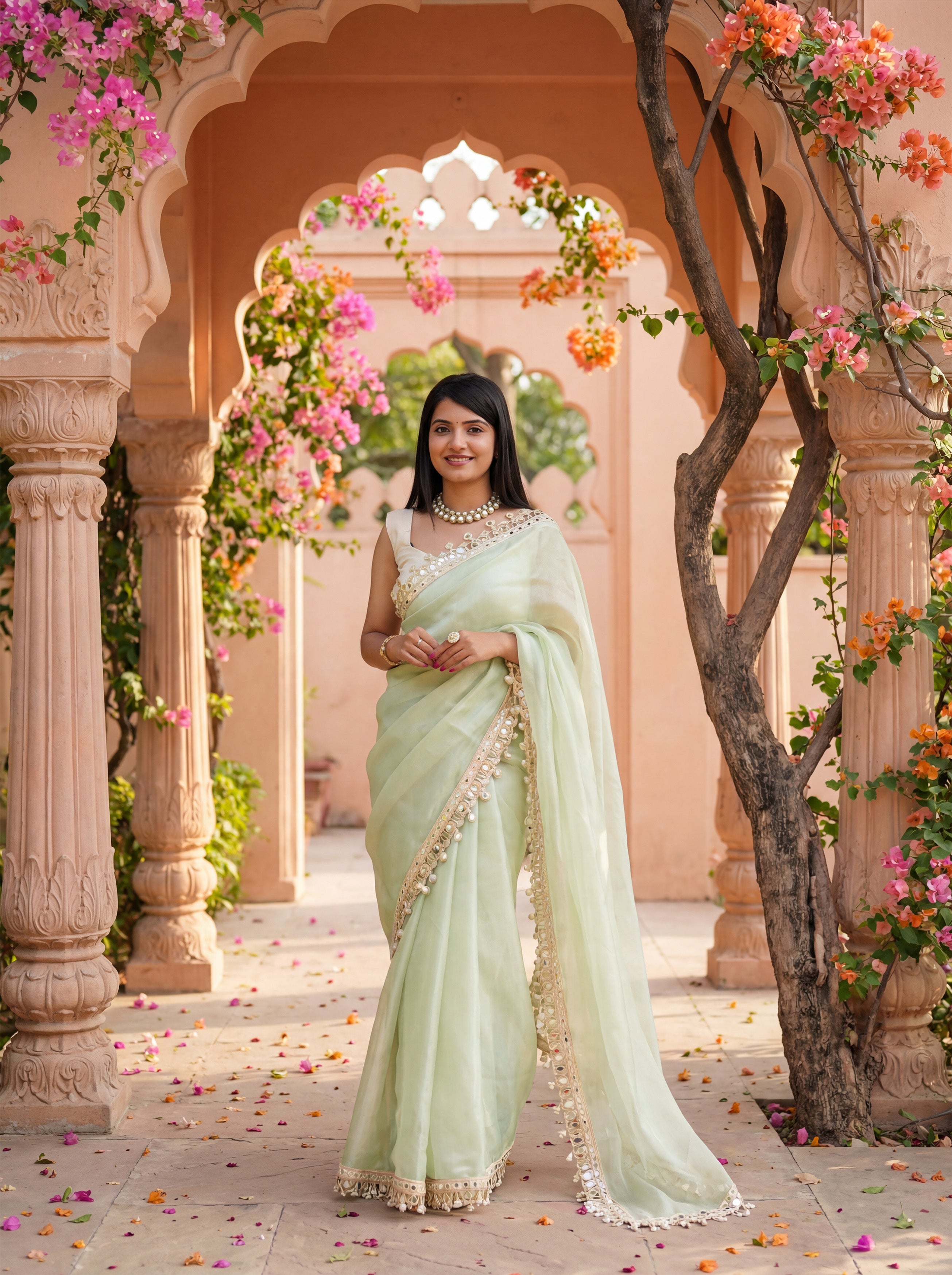 Green Organza Mirror Work Saree