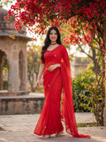 Red Georgette Floral Stone & Beads Work Saree