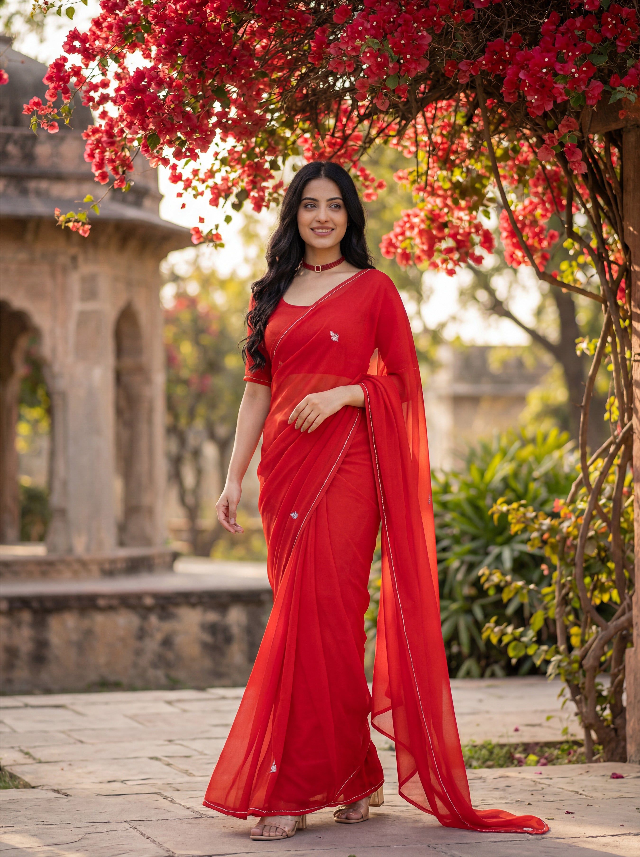 Red Georgette Floral Stone & Beads Work Saree