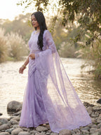 Lavender Organza Floral Thread Work Saree