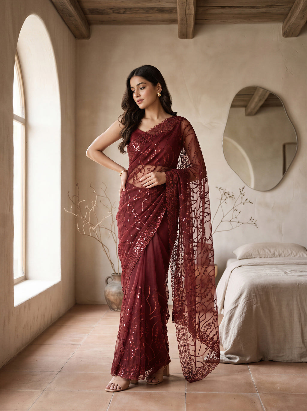 Maroon Net Floral Sequence Work Saree