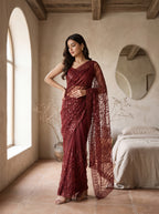Maroon Net Floral Sequence Work Saree