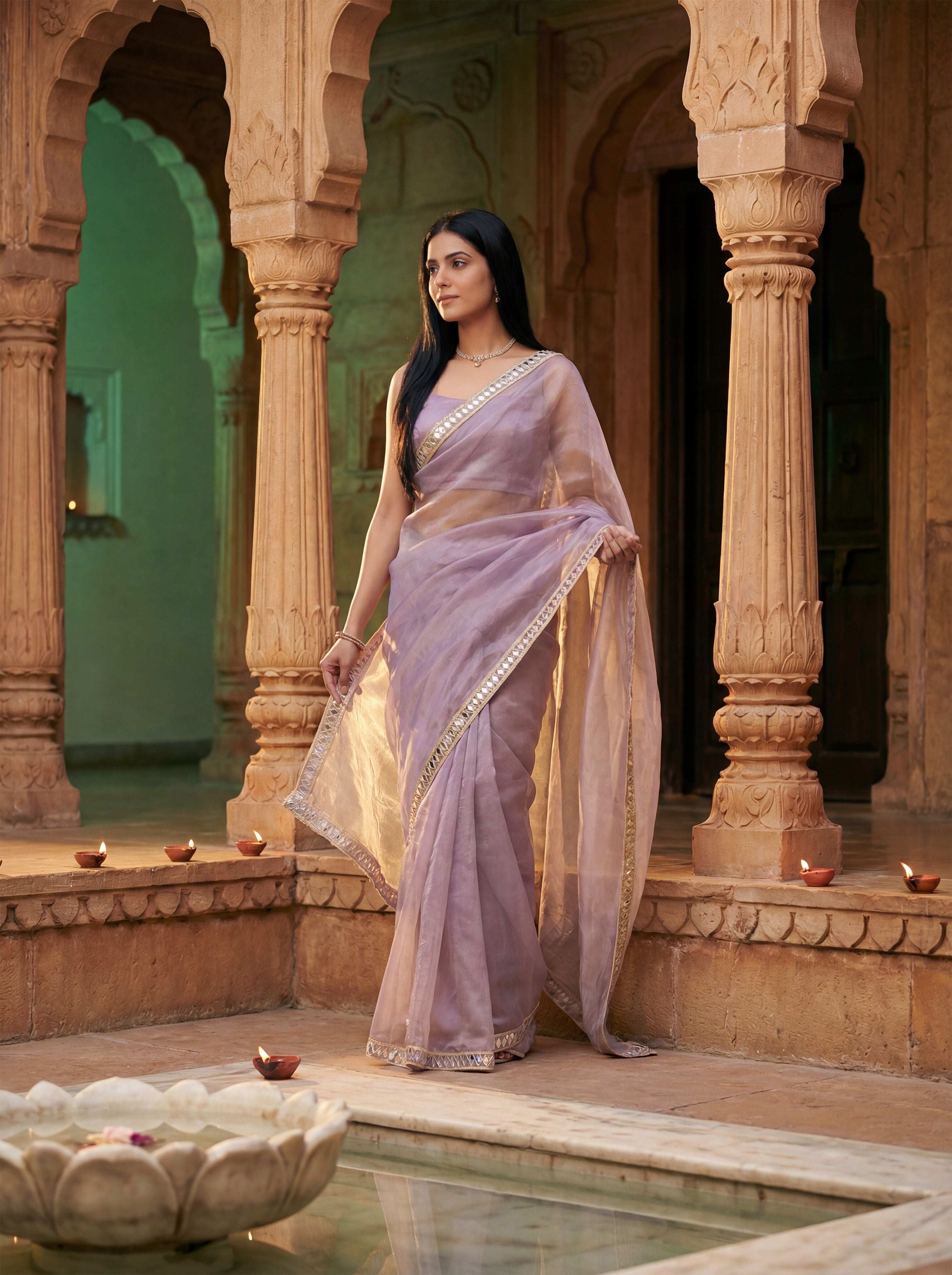 Lavender Tissue Geometric Mirror Work Saree