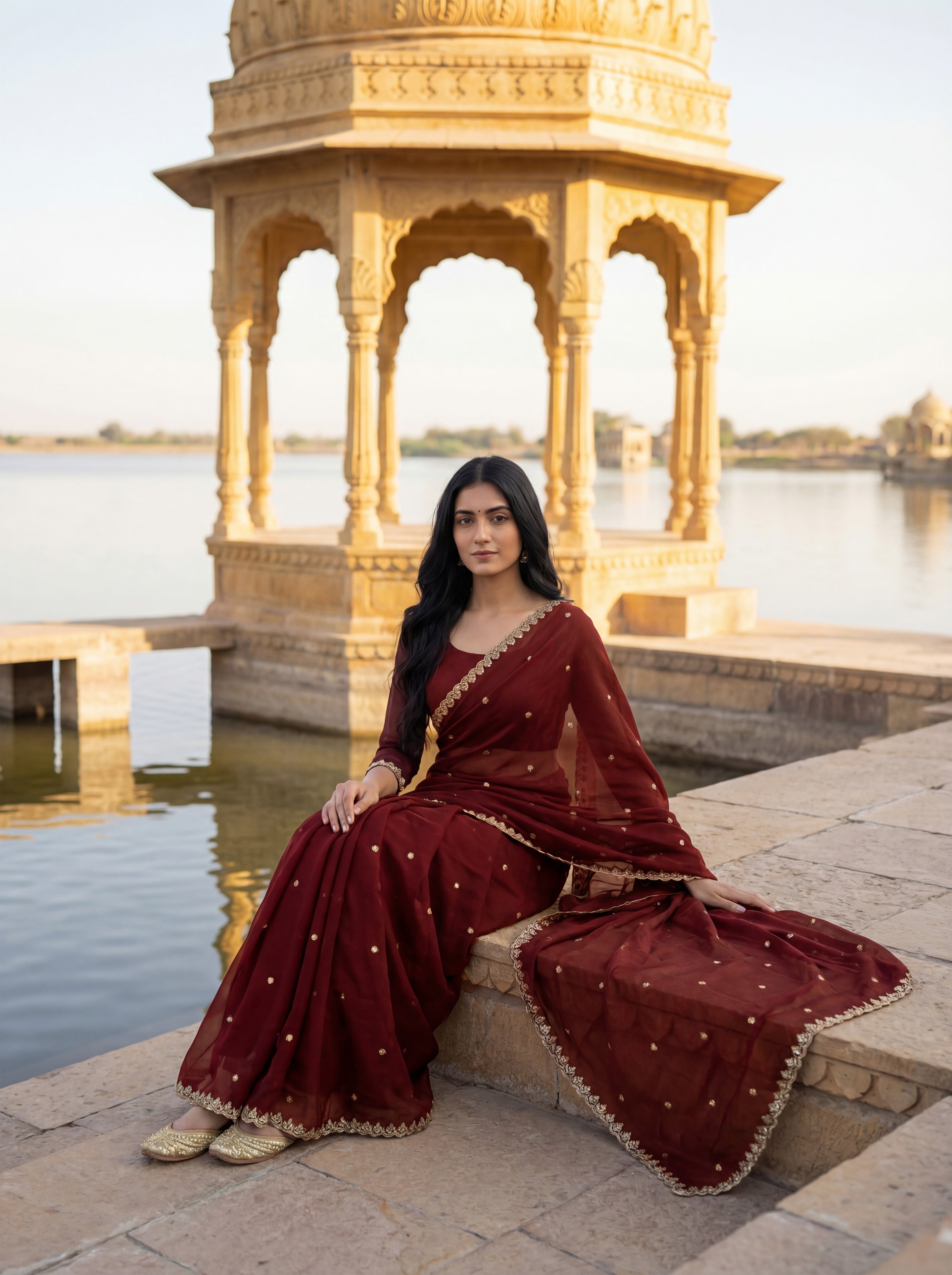 Maroon Tissue Floral Zari Work Saree