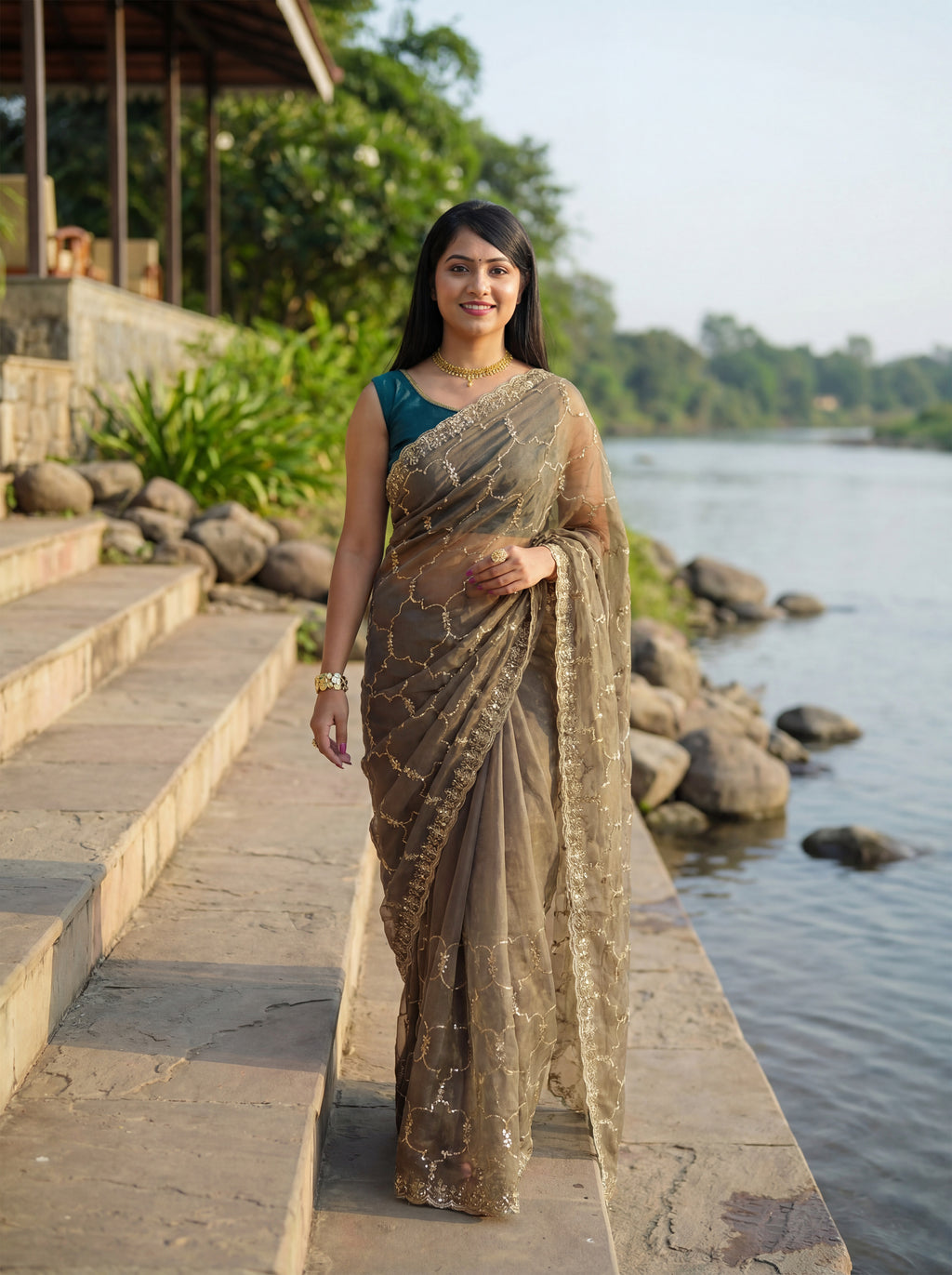 Grey Tissue Geometric Sequence Work Saree