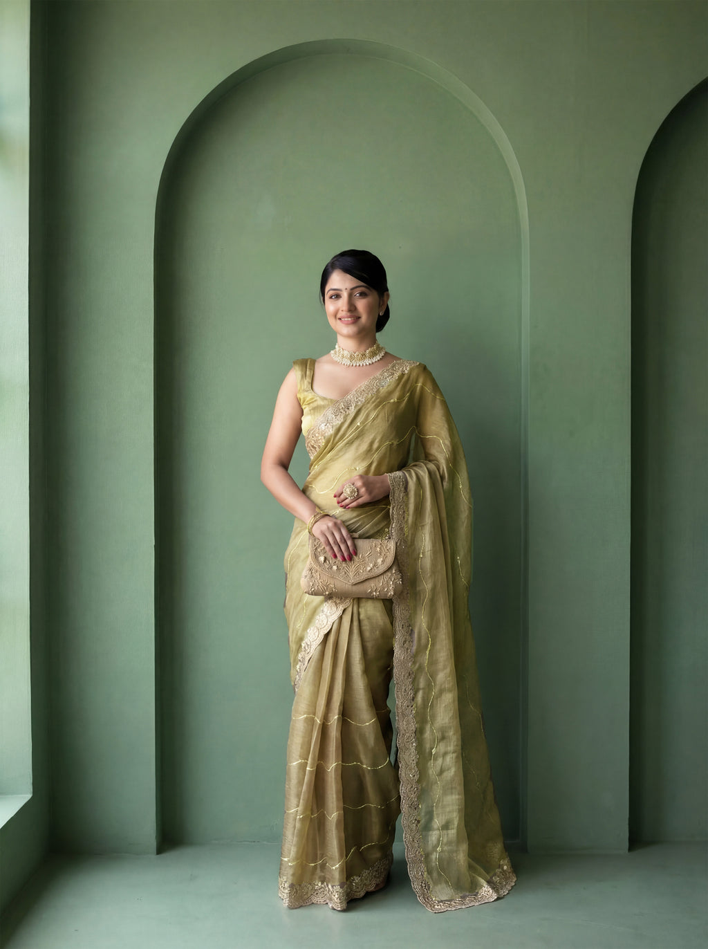 Tan Organza Striped Zari Work Saree