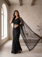 Black Net Floral Sequence Work Saree