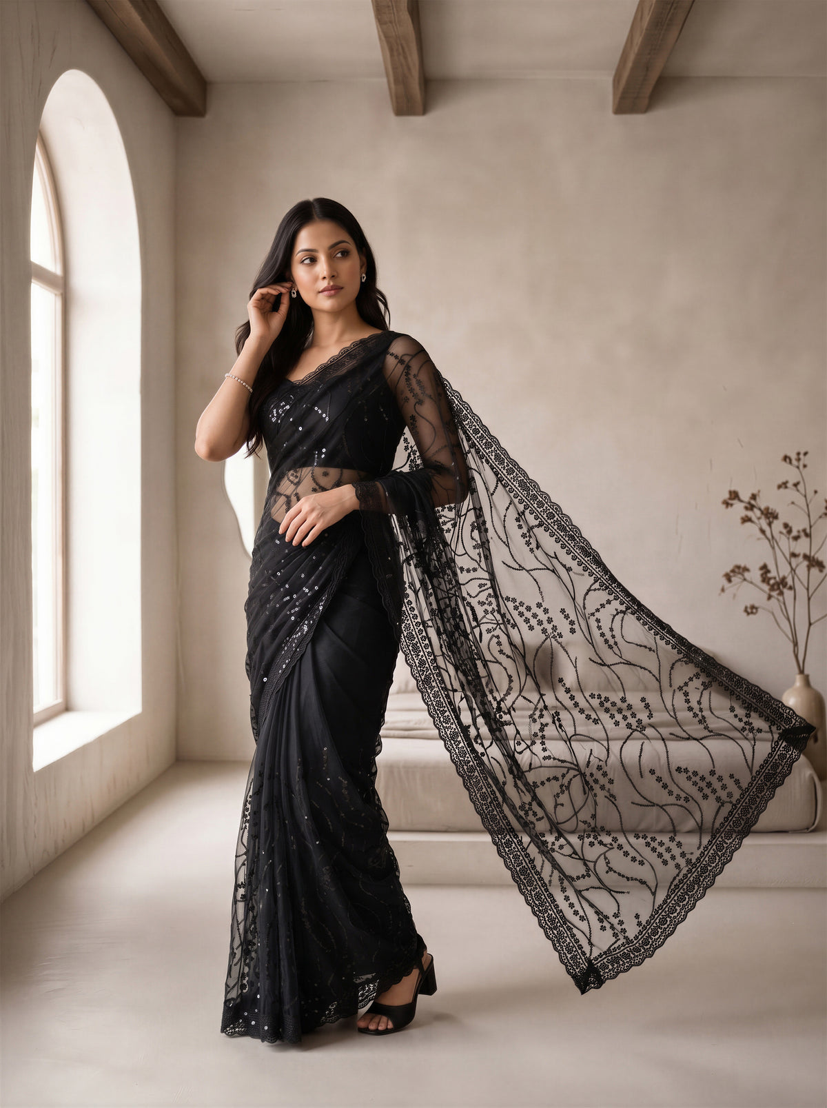 Black Net Floral Sequence Work Saree